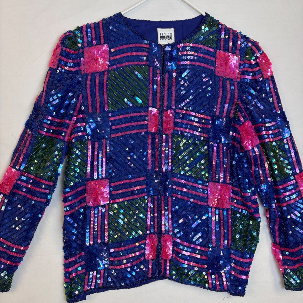 Leslie Fay Evenings Vintage Silk Sequin Jacket Blue Geometric Large Old Money